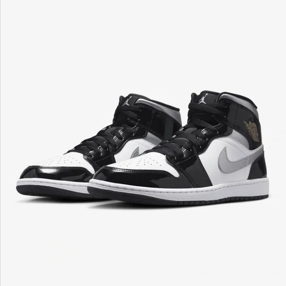 New Jordan 1 Mid SE Patent Black White Metallic Silver and Gold - Picture 1 of 7